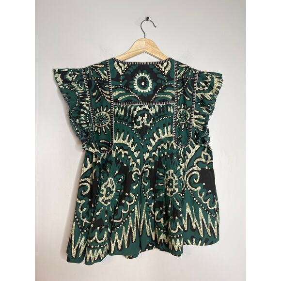 NEW Sea New York Charlough Cotton Split Neck Flutter Sleeves Top in Green/Black - Picture 6 of 7